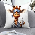 Detail of square cushion cover with cute giraffe in pajamas on a cozy grey sofa - Giraffe (CDR366-18) / Square