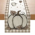 Fall pumpkin table runner with autumn leaves and classic light brown checkered edges - 33*183cm / Beige Plaid Pumpkin Style (ZQT59-3)