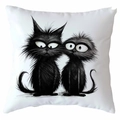 Close-up detail of white square pillow case featuring hand-drawn black cartoon cats - Modern Artistic Style (CDR368-18)