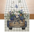 Harvest table runner featuring a vintage truck with blue pumpkins on grey checkered fabric - 33*183cm