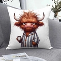 Detail of square pillowcase with cute highland cow holding coffee on grey fabric sofa - Highland Cow (CDR366-7) / Square