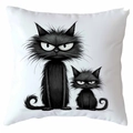 White square pillow cover featuring funny black cat illustrations for bedroom decor - Cute Big Eyes Style (CDR368-15)