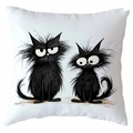 Detailed close-up of a white decorative pillow cover with quirky black cat illustrations - Humorous Hand-drawn Style (CDR368-12)