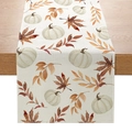 Autumn table runner featuring white pumpkins and maple leaves on rustic linen fabric - 33*183cm / White Pumpkin Maple Style (ZQT59-10)