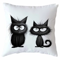 Détail de la taie d'oreiller décorative avec chats noirs sur tissu en toile blanche - Style Humour et Drôle (CDR368-3)