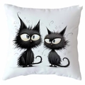 Détail du coussin blanc avec deux imprimés de chats noirs duveteux pour la décoration - Style Animal de Compagnie aux Grands Yeux (CDR368-2)
