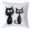 Square throw pillow featuring artistic black cat illustration on white soft fabric - Soft Touch Style (CDR368-14)