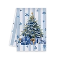 Blue and white striped Christmas tea towel featuring a decorated tree and gift boxes - Blue Christmas Tree Style (MJBT61-5)