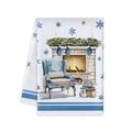 Winter fireplace illustration dish towel with blue sofa and watercolor festive print - Winter Cozy Scene Style (MJBT61-10)