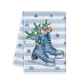 Winter kitchen towel featuring blue ice skates print on light blue striped background - Blue Ice Skates Style (MJBT61-12)