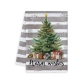 Christmas tea towel with festive tree design and Warm Wishes text on striped fabric - Warm Wishes Christmas Tree Style (MJBT61-13)