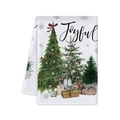 White Christmas kitchen towel with Joyful text and three festive trees design - Joyful Christmas Trees Style (MJBT61-14)