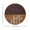 Round wooden wall decor with maple leaf cutouts and hello FALL text for autumn home styling - Round