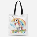 Weiße Canvas-Tragetasche mit buntem Aquarell-Einhorn-Aufdruck und schwarzen Griffen - Unicorn Magic Stil (FBDT04-1)