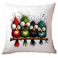 Vierkante kussensloop met kleurrijke grappige cartoonvogels op een tak, witte achtergrond - Vier Schattige Vogels (TDLD91-2)