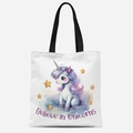 Weiße Canvas-Einkaufstasche mit Aquarell-Einhorn-Druck und schwarzen Schultergriffen - Believe in Unicorns Stil (FBDT04-2)