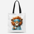 Détail d'un sac fourre-tout en toile blanche avec imprimé lion fatigué buvant du café - Motif Lion Fatigué (FBDT31-19)