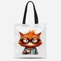 Sac fourre-tout en toile blanche avec imprimé chat fatigué et anses noires - Motif Chat Orange (FBDT31-17)