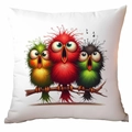 Wit sierkussen met grappige kleurrijke cartoonvogels op een boomtak ontwerp - Drie Zingende Vogels (TDLD91-4)