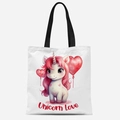 Weiße Canvas-Einkaufstasche mit rosa Einhorndruck und rotem Herzballon-Motiv - Unicorn Love Stil (FBDT04-4)