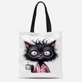 Sac fourre-tout en toile blanche avec imprimé chat noir rigolo et anses noires - Motif Chat Noir Rigolo (FBDT31-16)