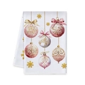 White Christmas towel featuring pink and gold decorative ornaments with festive snowflakes - Pink and White Christmas Balls Style (MJBT61-21)