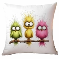 Square white pillowcase with three colorful cartoon birds on a branch illustration - Colorful Exaggerated Birds (TDLD91-5)