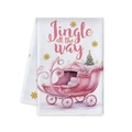 Pink Christmas sleigh kitchen towel with Jingle all the way text on white fabric - Christmas Sleigh Style (MJBT61-22)