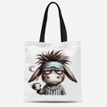 Détail du sac cabas en toile avec un imprimé d'âne mignon tenant une tasse de café - Motif Âne aux Cheveux Ébouriffés (FBDT31-6)
