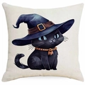 Federa per cuscino Halloween in lino con gatto nero e cappello da mago viola - Stile gatto nero con cappello da mago viola (DYM343-1) / 45x45 cm