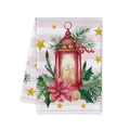 Pink striped Christmas tea towel with watercolor lantern, poinsettia and berries - Red Lantern and Flowers Style (MJBT61-23)
