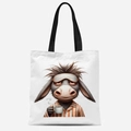 Detail of a white canvas tote bag showing a funny cartoon donkey drinking coffee - Tired Donkey Pattern (FBDT31-3)