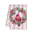 Christmas kitchen towel with red cardinal and holly wreath on pink striped background - Red Cardinal Wreath Style (MJBT61-24)