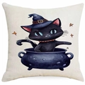 Fodera per cuscino in lino Halloween gatto nero nel calderone per arredo divano - Stile gatto nel calderone della pozione (DYM343-2) / 45x45 cm