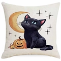 Fodera per cuscino in lino a tema Halloween con gatto nero, luna e zucche stampate - Stile gatto nero luna zucca (DYM343-3) / 45x45 cm