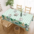 Green and white checkered tablecloth with colorful outdoor camping themed illustrations - Outdoor Camping (ZB692-20) / Brushed Fabric (Small)