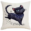Fodera per cuscino di Halloween in lino con gatto nero e sciarpa stellata - Stile gatto nero con mantello stellato (DYM343-4) / 45x45 cm