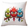 Square cushion cover with three funny colorful cartoon birds perched on a tree branch - Polyester Single Sided Without Pillow Core / Tdld91-10