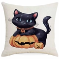 Halloween Kissenbezug mit schwarzer Katze und Kürbissen aus Leinen für das Sofa - Schwarze Katze auf Kürbishaufen-Stil (DYM343-5) / 45x45 cm