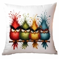 Square cushion cover featuring four funny cartoon birds on a branch on white background - Blue Bird With Red Glasses (TDLD91-12)