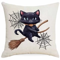Halloween Kissenbezug Katze auf Besen aus Leinen mit Spinnennetz-Motiv Stickerei - Schwarze Katze reitet Besenstiel-Stil (DYM343-6) / 45x45 cm