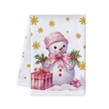 Torchon de Noël avec bonhomme de neige aquarelle, chapeau rose et flocons dorés - Style Bonhomme de Neige Boîte Cadeau Rose (MJBT61-30)