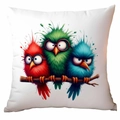 White square cushion cover with funny colorful cartoon birds on a branch print - Funny Plush Birds (TDLD91-13)