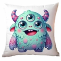 Detail shot of cute three-eyed monster illustration on a white square cushion cover - 45*45cm Short Plush Single Sided Without Core / Green Three-Eyed Pink Purple Spot Monster (CDR370-18)