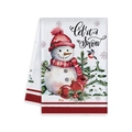 Torchon de cuisine blanc de Noël avec motif bonhomme de neige et texte Let It Snow - Style Bonhomme de Neige et Oiseau d'Hiver (MJBT61-31)