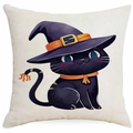 Halloween Kissenbezug mit süßer schwarzer Katze im lila Hexenhut auf Leinenoptik - Großäugige Katze mit lila Zaubererhut-Stil (DYM343-7) / 45x45 cm