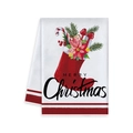 Torchon de cuisine blanc avec chaussette de Noël rouge et rayures festives rouges - Style Chaussette de Joyeux Noël (MJBT61-32)