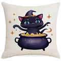 Halloween Kissenbezug aus Leinen mit niedlicher schwarzer Katze im Hexenkessel - Zaubererkatze mit Mondsichel-Stil (DYM343-8) / 45x45 cm