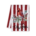 Torchon de cuisine de Noël à rayures rouges et blanches avec motif oiseau cardinal - Style Cardinal à Rayures Rouges et Blanches (MJBT61-33)