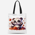 Detailed close-up of cute cartoon panda illustration on a white canvas tote bag - Panda with Maple Leaves Style (FBDT33-22)